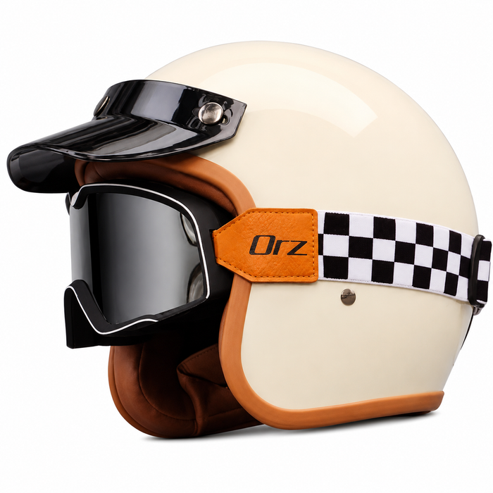 Vintage Open Face Motorcycle Helmet with Optional Goggles