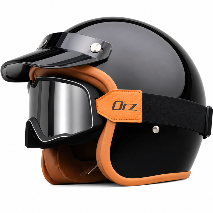 Vintage Open Face Motorcycle Helmet with Optional Goggles