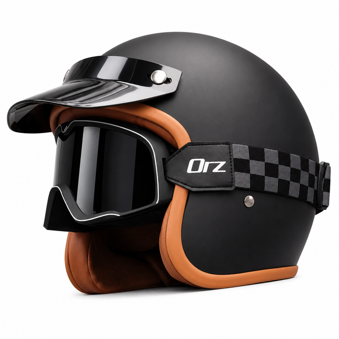 Vintage Open Face Motorcycle Helmet with Optional Goggles