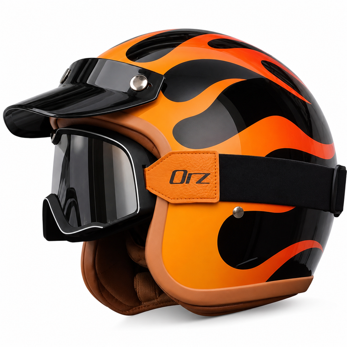 Vintage Open Face Motorcycle Helmet with Optional Goggles