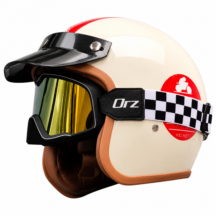 Vintage Open Face Motorcycle Helmet with Optional Goggles